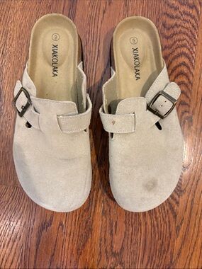 Women's Beige Suede Buckle Clog Mules